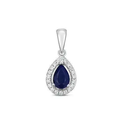 Diamond and Sapphire Halo Pendant Pear 9ct White Gold